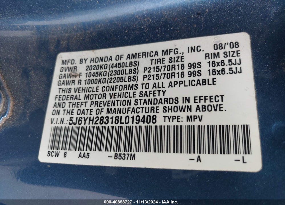 2008 HONDA ELEMENT LX VIN: 5J6YH28318L019408