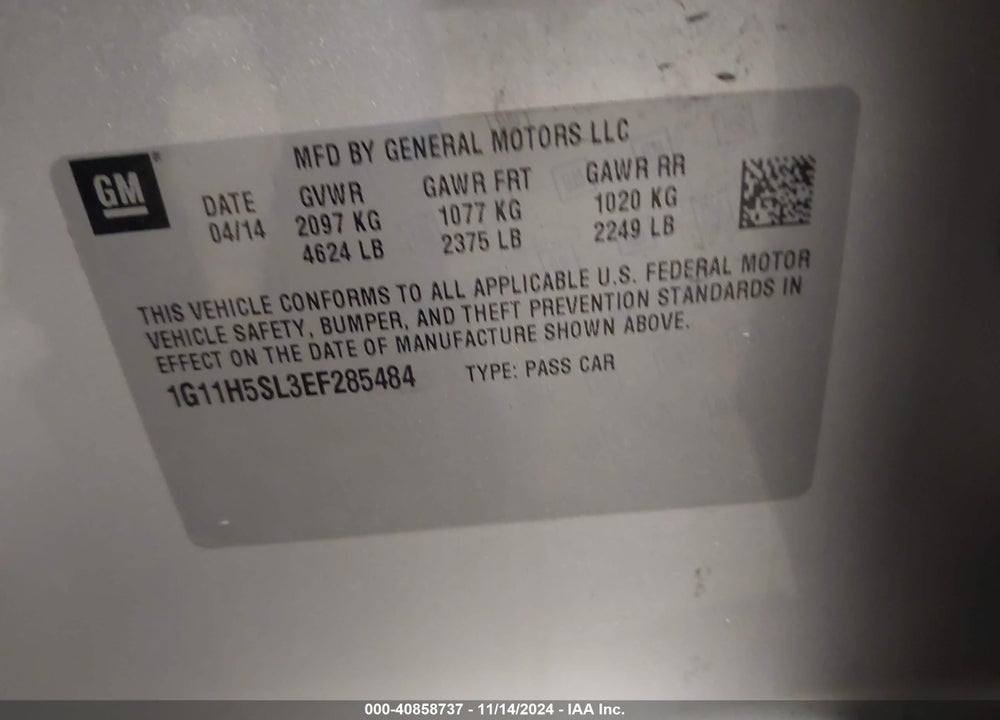 2014 CHEVROLET MALIBU 1LZ VIN: 1G11H5SL3EF285484
