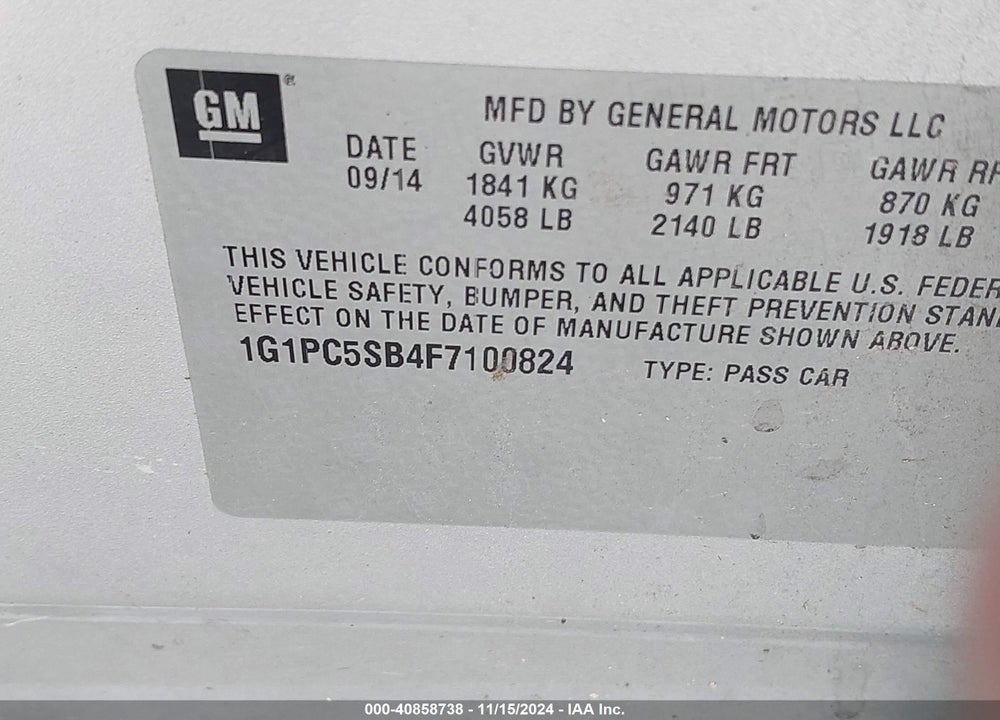 2015 CHEVROLET CRUZE 1LT AUTO VIN: 1G1PC5SB4F7100824