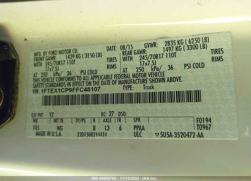 2015 FORD F-150 XL VIN: 1FTEX1CP9FFC48107