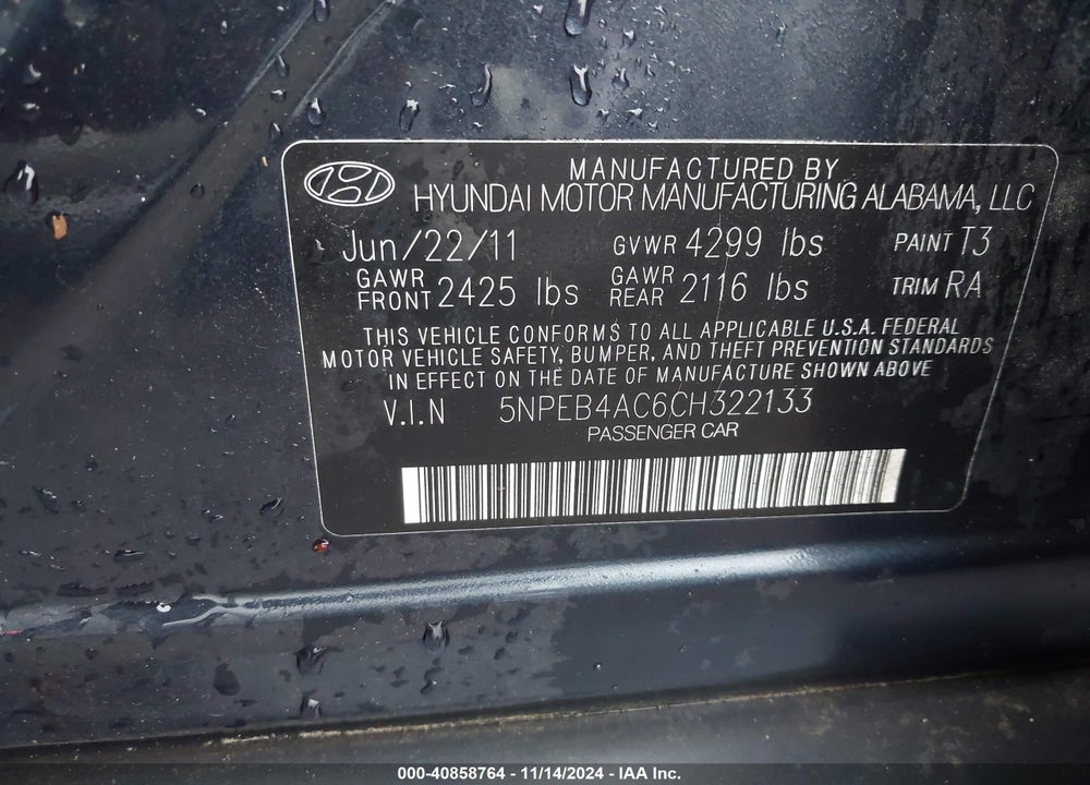 2012 HYUNDAI SONATA GLS VIN: 5NPEB4AC6CH322133