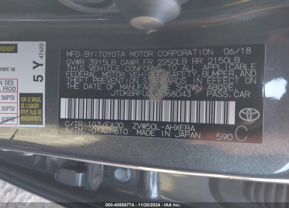 2018 TOYOTA PRIUS TWO VIN: JTDKBRFU2J3068043