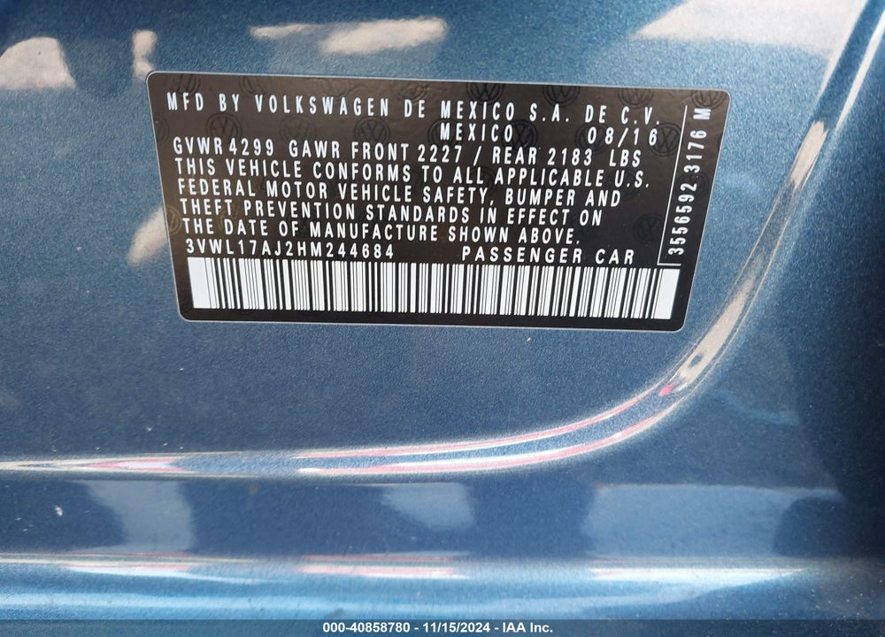 2017 VOLKSWAGEN JETTA 1.8T SEL VIN: 3VWL17AJ2HM244684