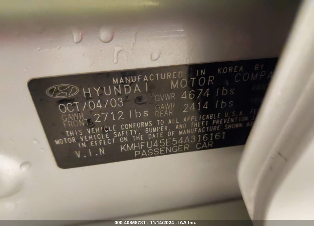 2004 HYUNDAI XG350 L VIN: KMHFU45E54A316161