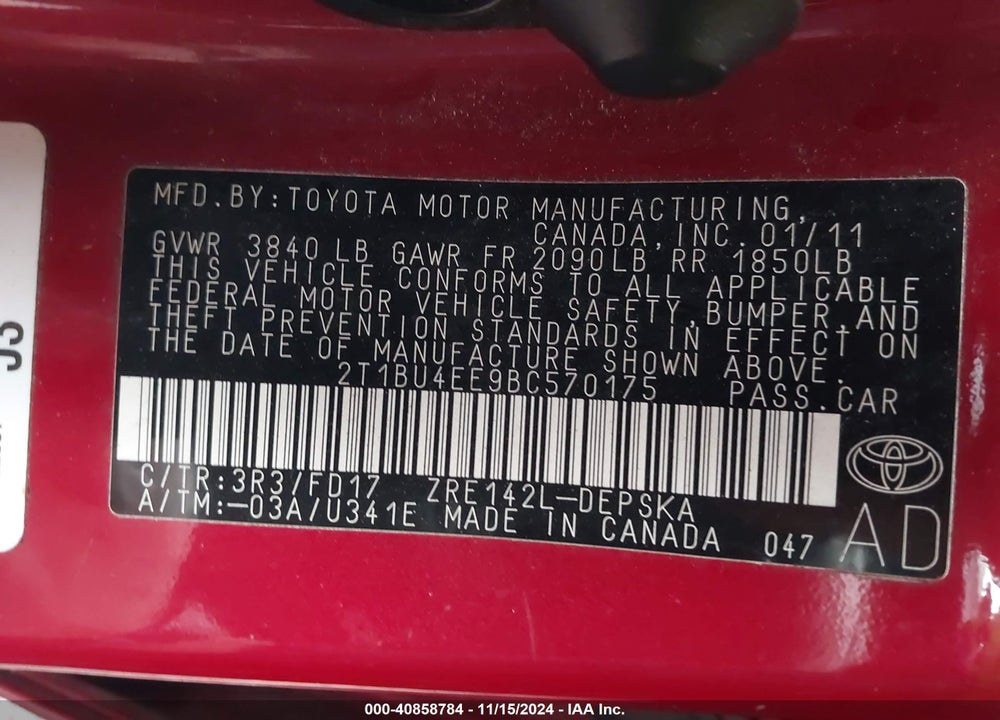 2011 TOYOTA COROLLA S VIN: 2T1BU4EE9BC570175