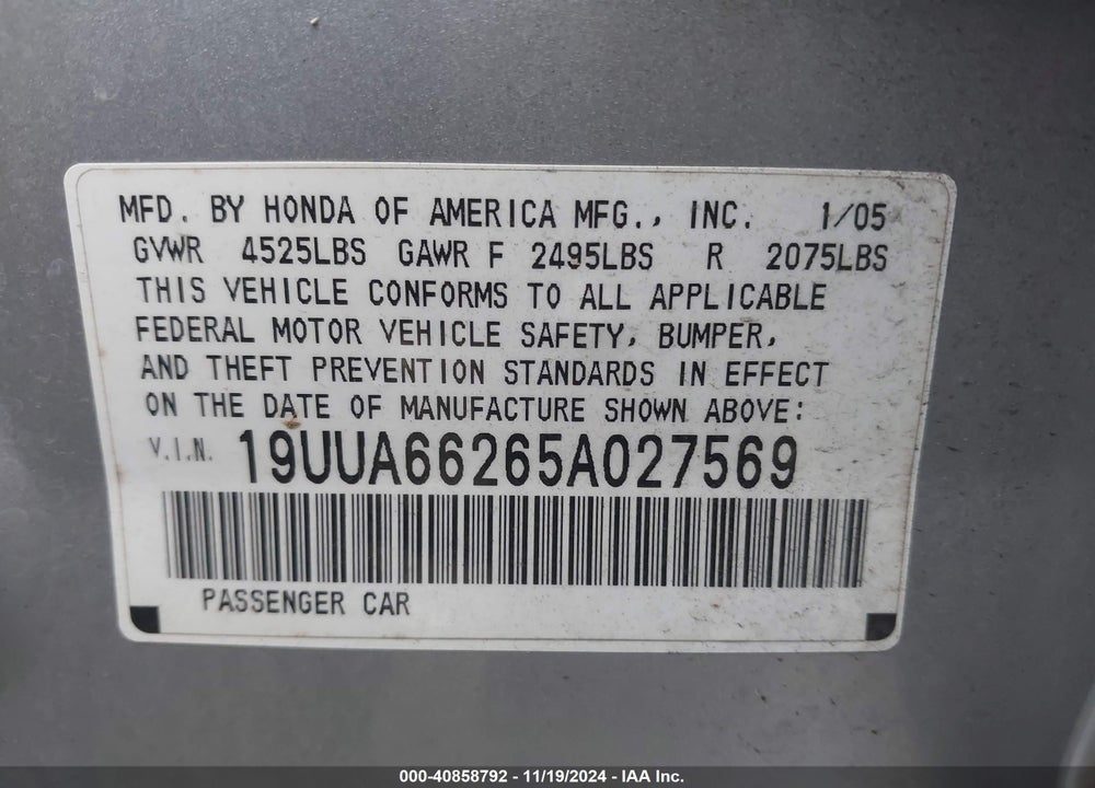 2005 ACURA TL BASE W/NAV SYSTEM (A5) VIN: 19UUA66265A027569