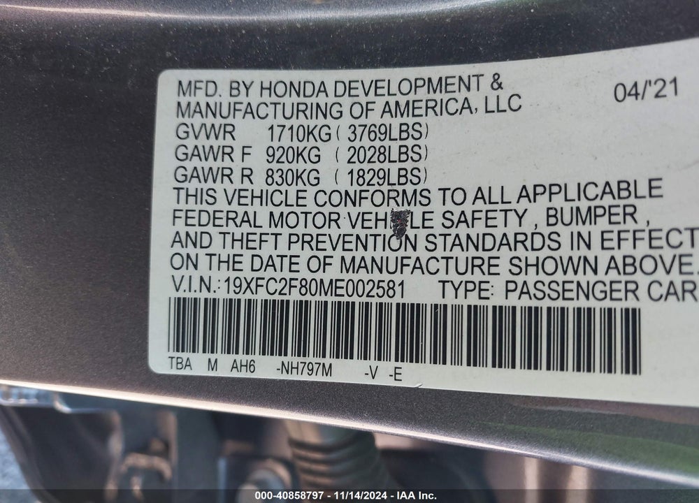 2021 HONDA CIVIC SPORT VIN: 19XFC2F80ME002581