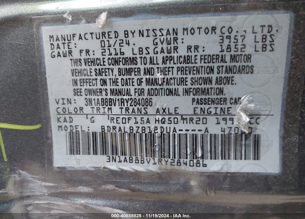 2024 NISSAN SENTRA VIN: 3N1AB8BV1RY284086