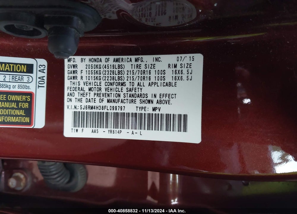 2015 HONDA CR-V LX VIN: 5J6RM4H38FL099797