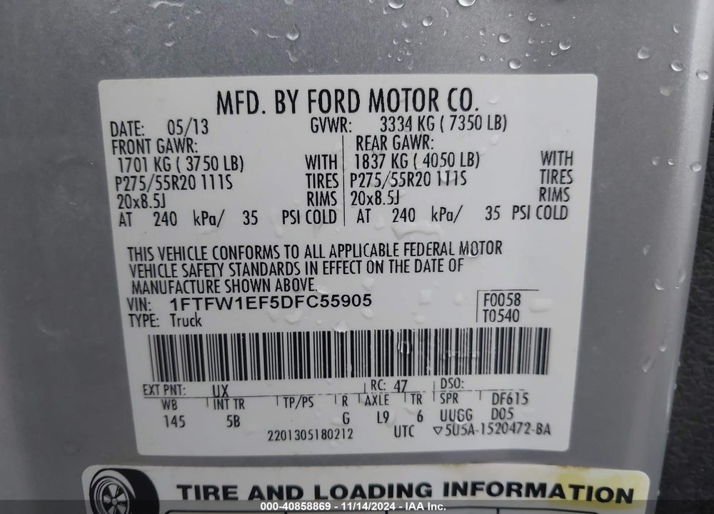 2013 FORD F-150 FX4 VIN: 1FTFW1EF5DFC55905