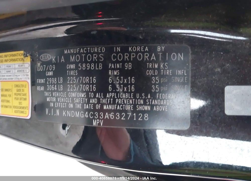 2010 KIA SEDONA LX VIN: KNDMG4C33A6327128