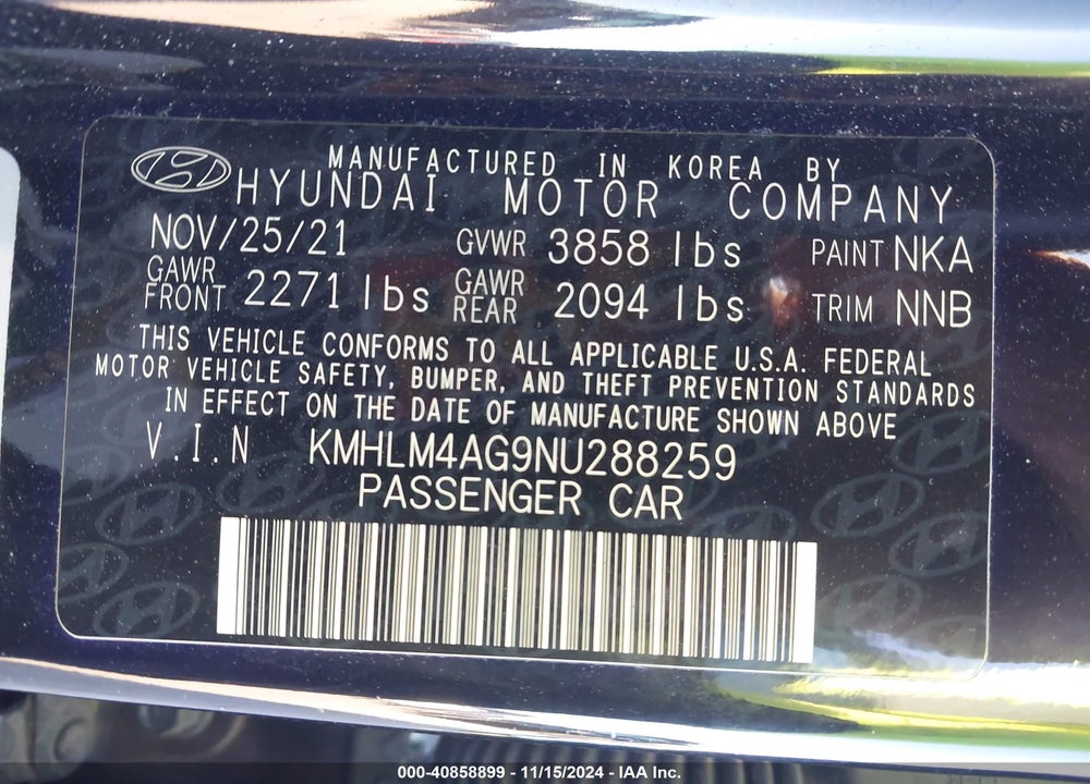 2022 HYUNDAI ELANTRA SEL VIN: KMHLM4AG9NU288259