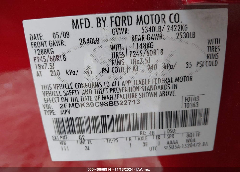 2008 FORD EDGE LIMITED VIN: 2FMDK39C98BB22713