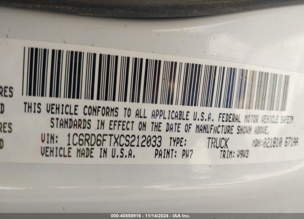2012 RAM 1500 ST VIN: 1C6RD6FTXCS212033