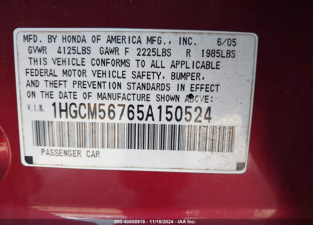 2005 HONDA ACCORD 2.4 EX VIN: 1HGCM56765A150524