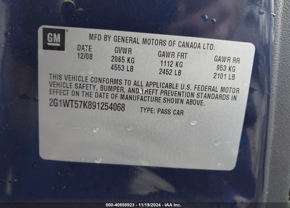 2009 CHEVROLET IMPALA LT VIN: 2G1WT57K891254068