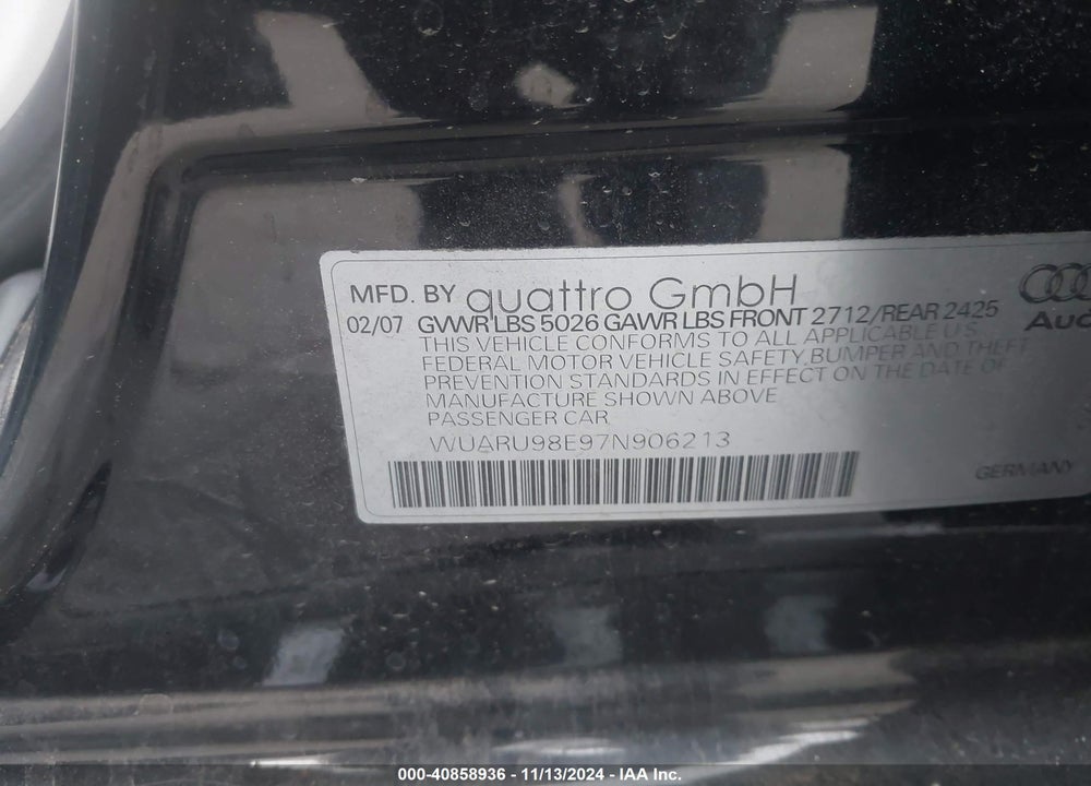 2007 AUDI RS 4 4.2L VIN: WUARU98E97N906213
