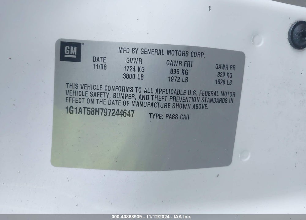 2009 CHEVROLET COBALT LT W/1LT VIN: 1G1AT58H797244647