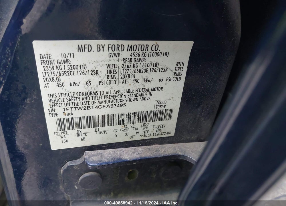 2012 FORD F-250 LARIAT VIN: 1FT7W2BT4CEA63495