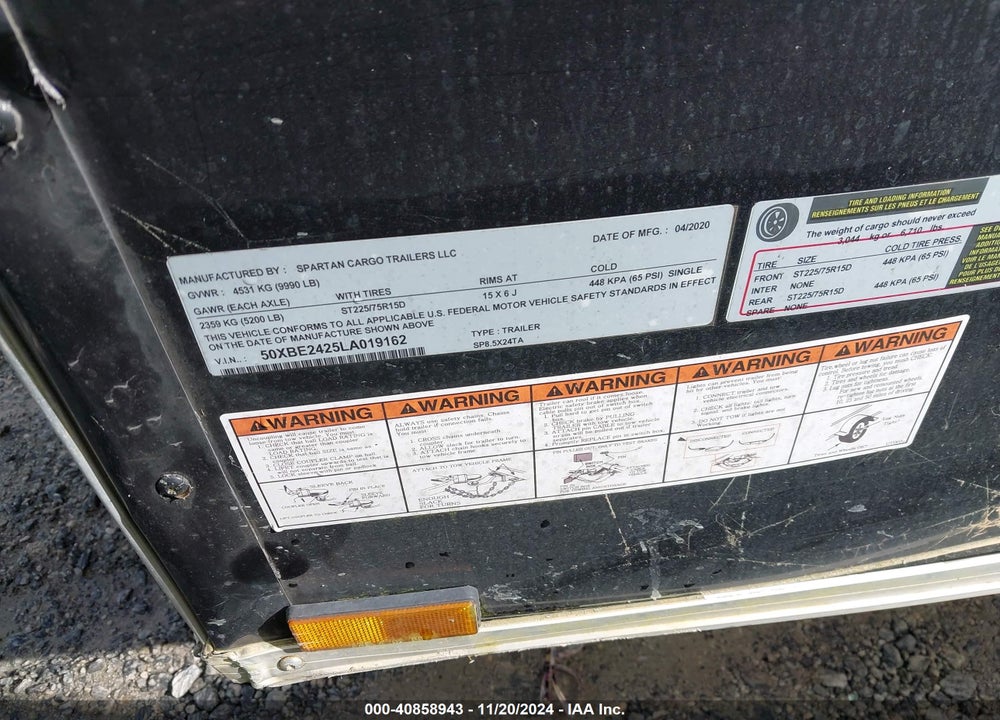 2020 SPARTAN ENCLOSED TRAILER VIN: 50XBE2425LA019162
