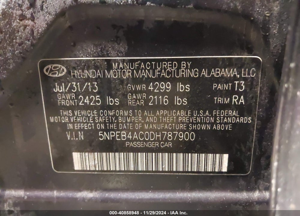 2013 HYUNDAI SONATA GLS VIN: 5NPEB4AC0DH787900