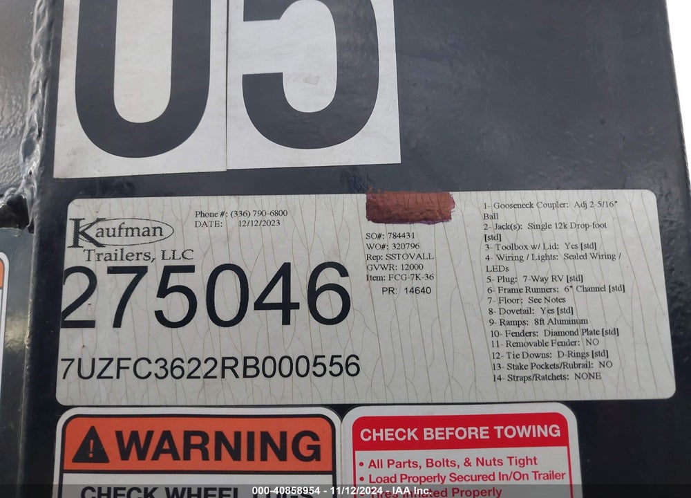 2024 KAUFMAN TRAILERS TBZ VIN: 7UZFC3622RB000556