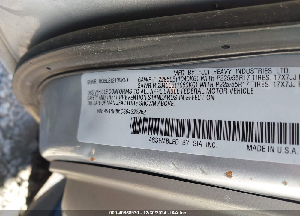 2006 SUBARU OUTBACK 3.0R L.L. BEAN EDITION VIN: 4S4BP86C364322262