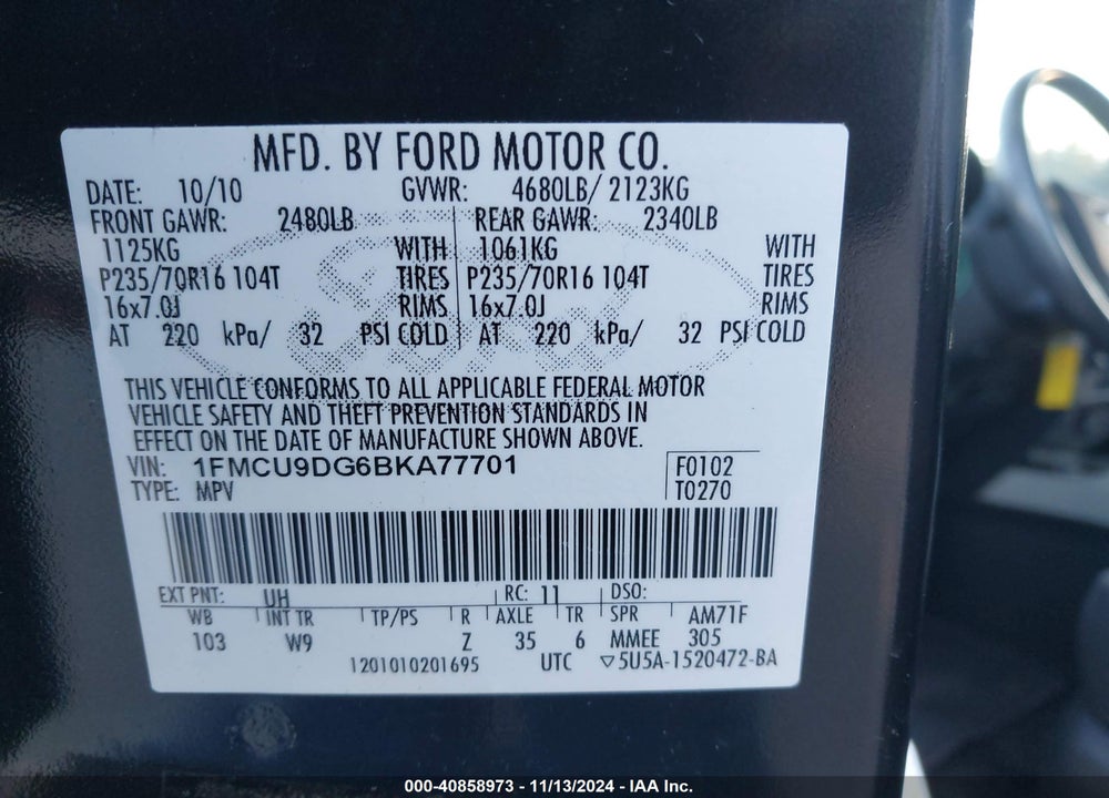 2011 FORD ESCAPE XLT VIN: 1FMCU9DG6BKA77701