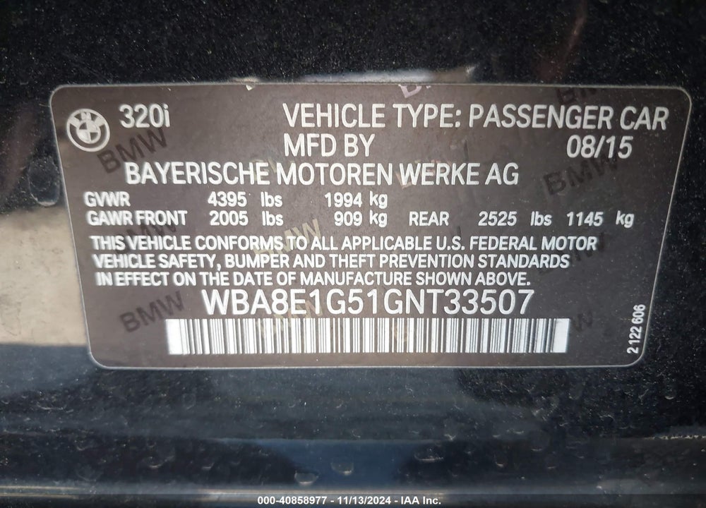 2016 BMW 320I VIN: WBA8E1G51GNT33507
