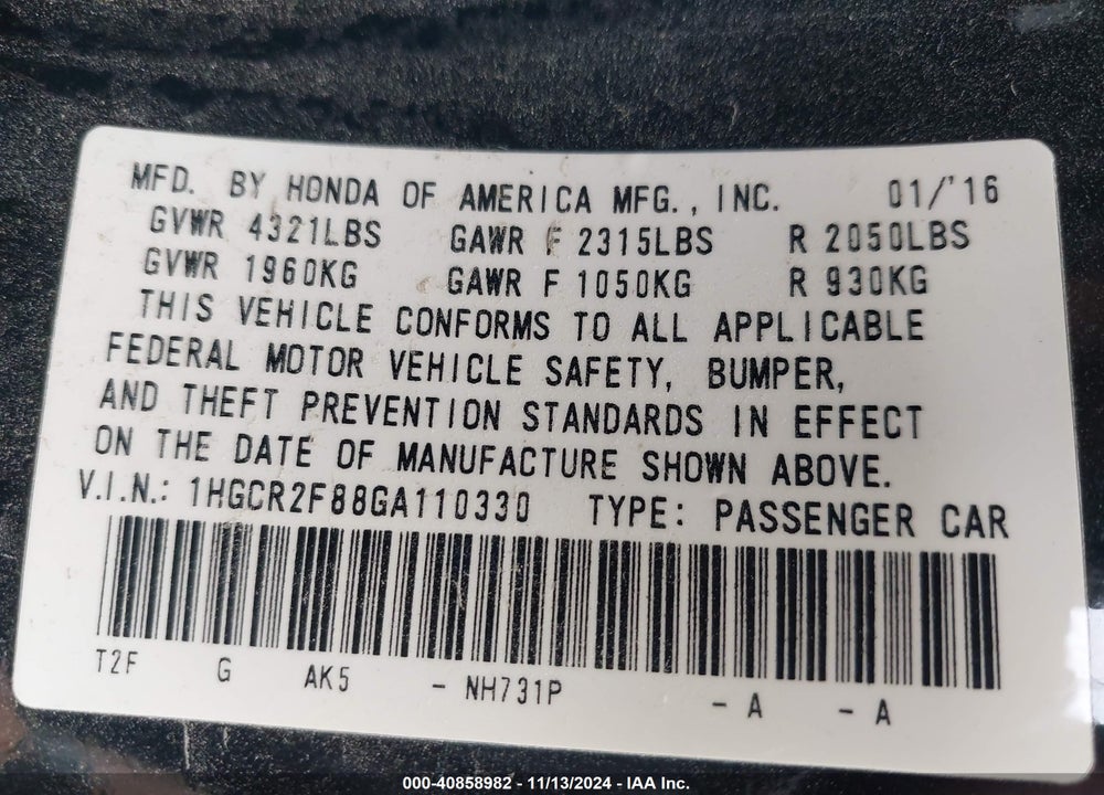 2016 HONDA ACCORD EX-L VIN: 1HGCR2F88GA110330