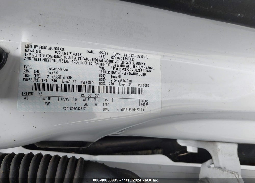 2018 FORD FOCUS SE VIN: 1FADP3K27JL331046