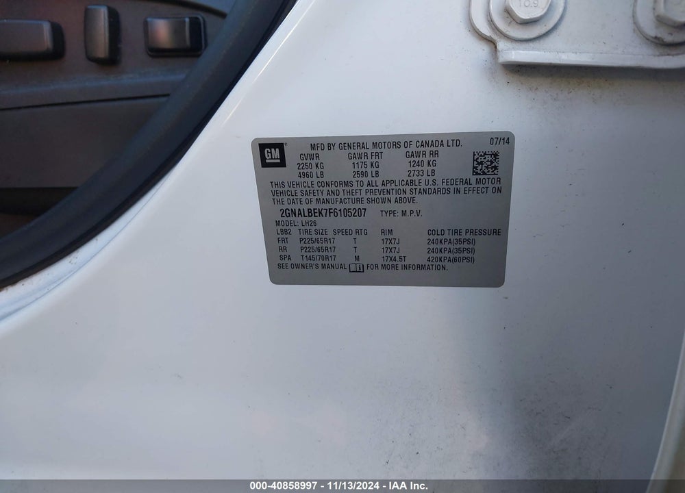 2015 CHEVROLET EQUINOX 1LT VIN: 2GNALBEK7F6105207