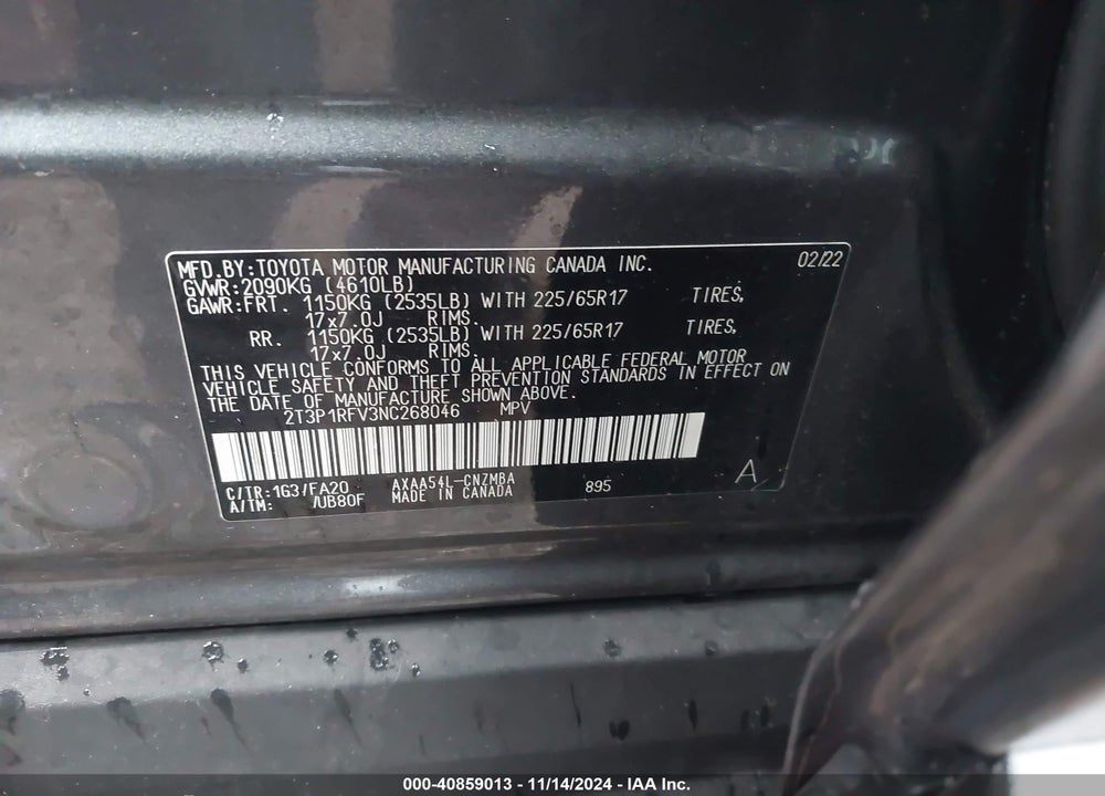 2022 TOYOTA RAV4 VIN: 2T3P1RFV3NC268046