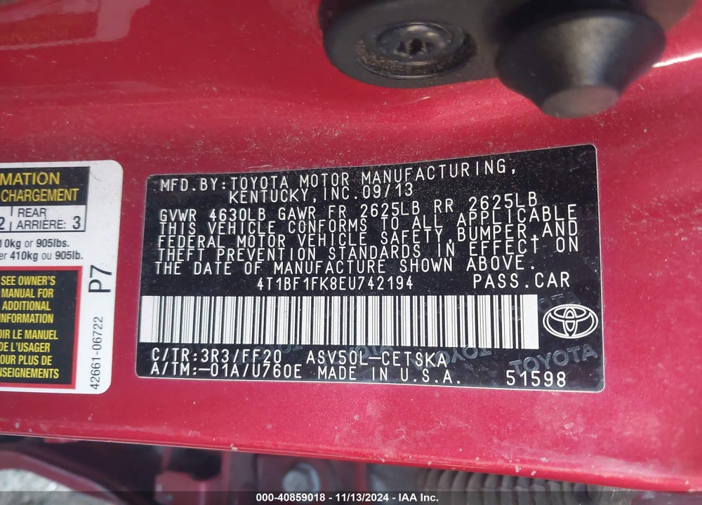 2014 TOYOTA CAMRY VIN: 4T1BF1FK8EU742194