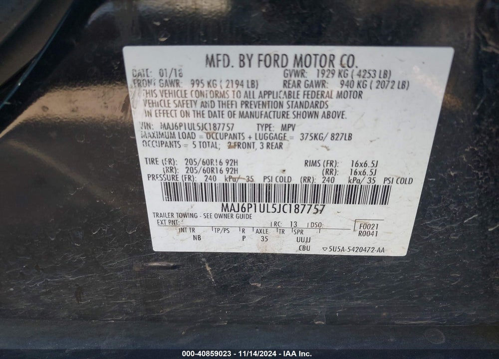 2018 FORD ECOSPORT SE VIN: MAJ6P1UL5JC187757