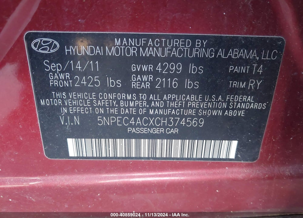 2012 HYUNDAI SONATA VIN: 5NPEC4ACXCH374569