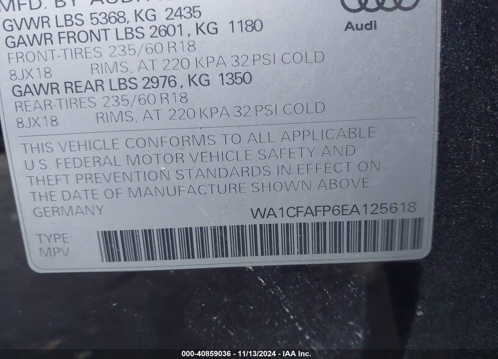 2014 AUDI Q5 2.0T PREMIUM VIN: WA1CFAFP6EA125618