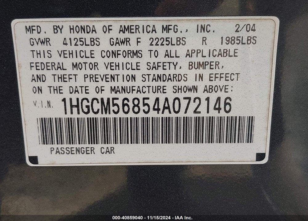 2004 HONDA ACCORD 2.4 EX VIN: 1HGCM56854A072146