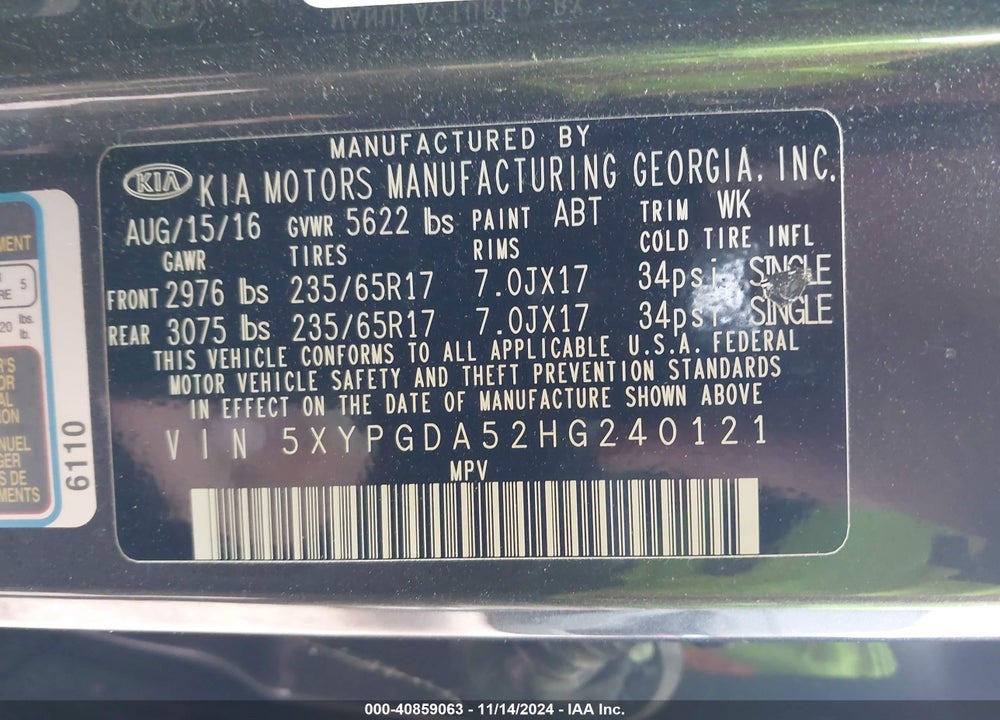 2017 KIA SORENTO 3.3L LX VIN: 5XYPGDA52HG240121