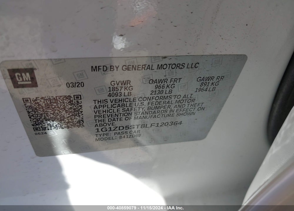 2020 CHEVROLET MALIBU FWD LT VIN: 1G1ZD5ST8LF120364