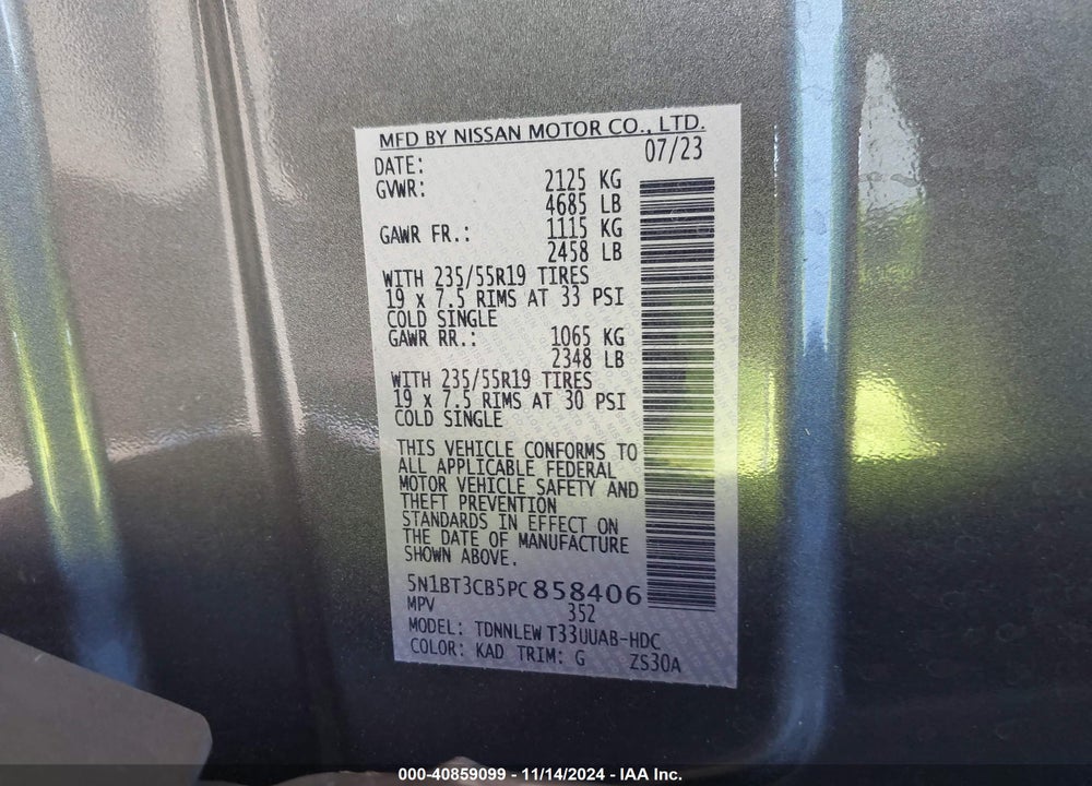 2023 NISSAN ROGUE SL INTELLIGENT AWD VIN: 5N1BT3CB5PC858406