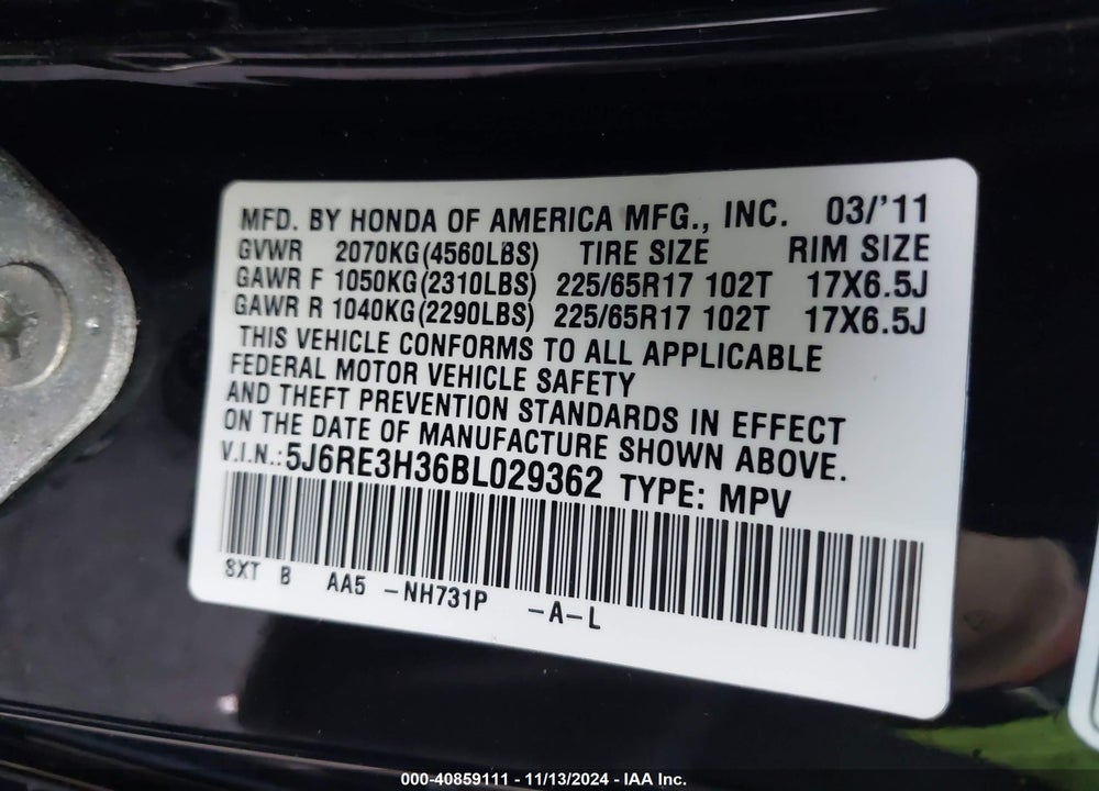 2011 HONDA CR-V LX VIN: 5J6RE3H36BL029362