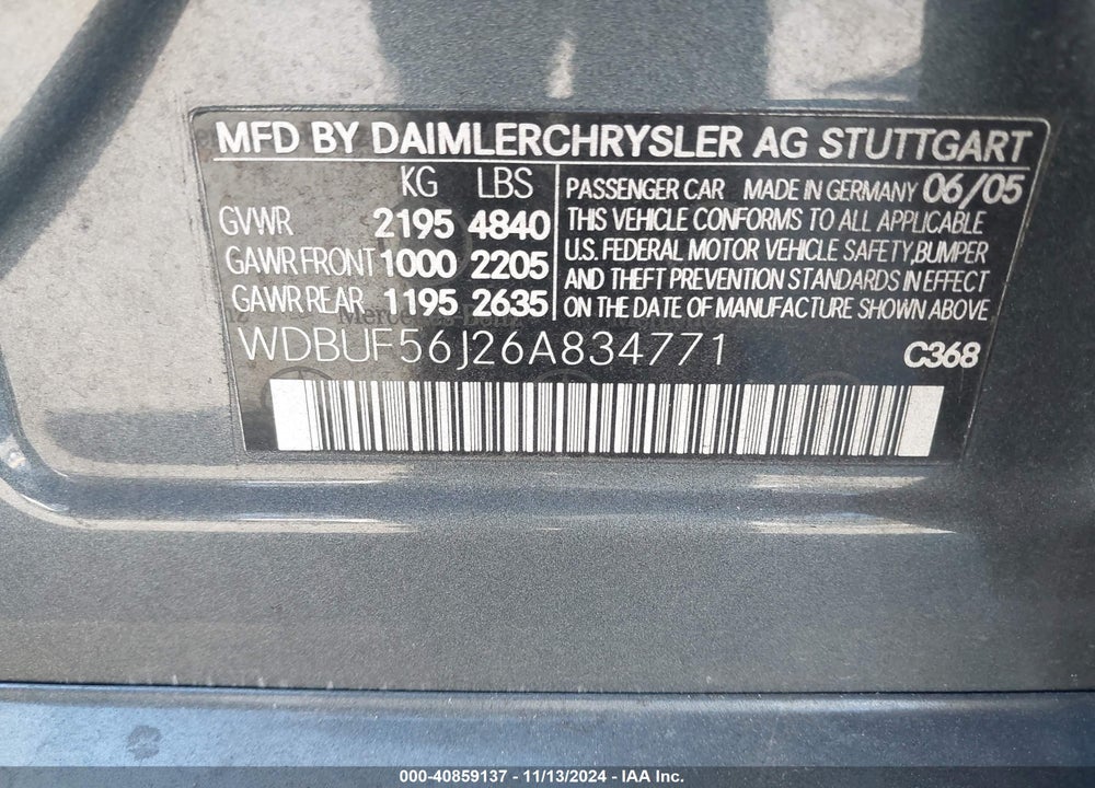 2006 MERCEDES-BENZ E 350 VIN: WDBUF56J26A834771