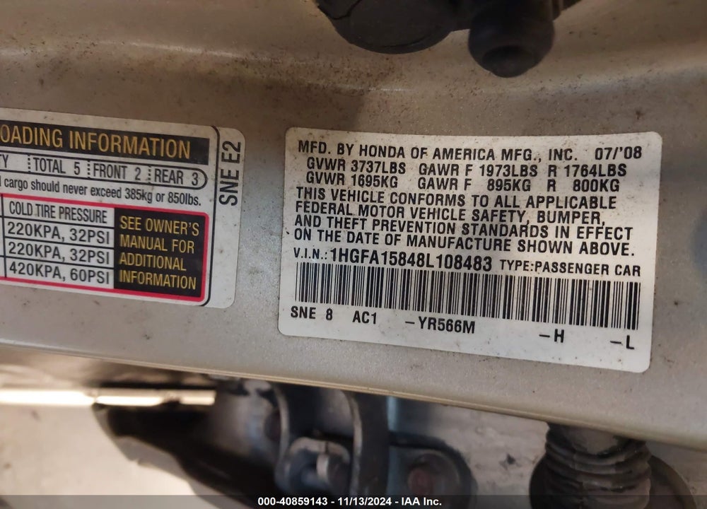 2008 HONDA CIVIC EX VIN: 1HGFA15848L108483