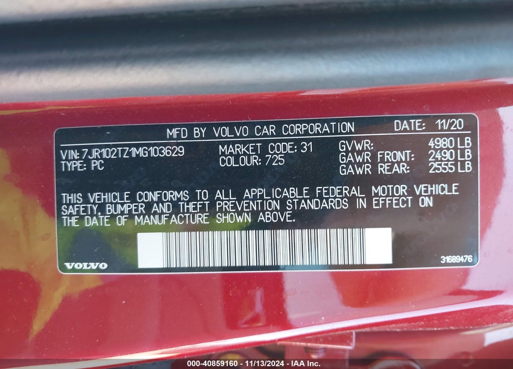 2021 VOLVO S60 VIN: 7JR102TZ1MG103629