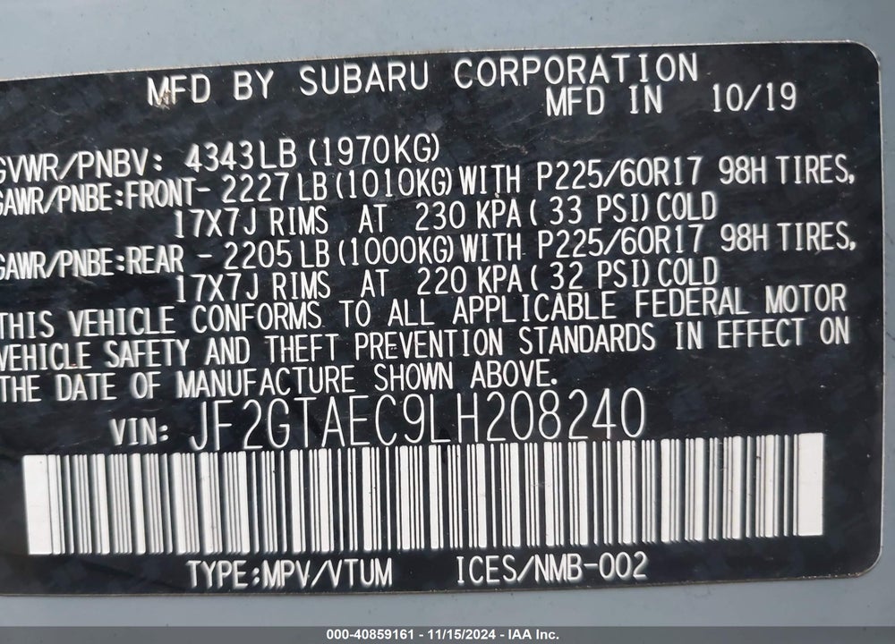 2020 SUBARU CROSSTREK PREMIUM VIN: JF2GTAEC9LH208240