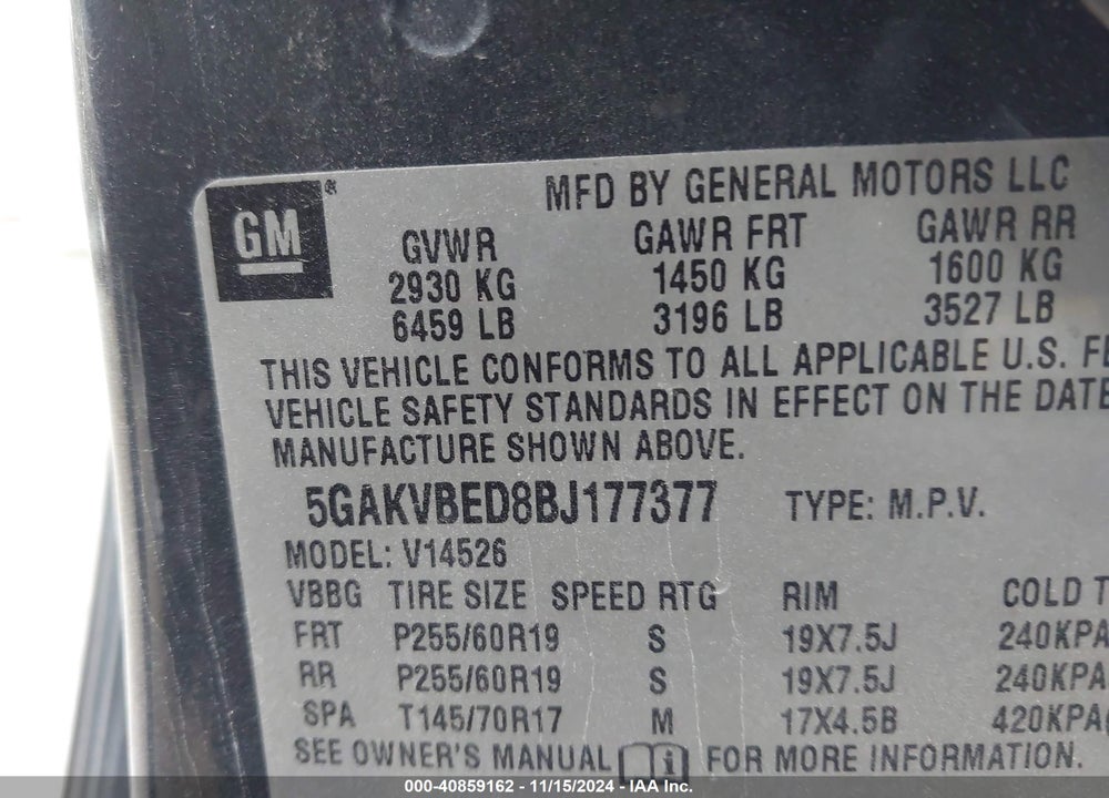 2011 BUICK ENCLAVE 1XL VIN: 5GAKVBED8BJ177377