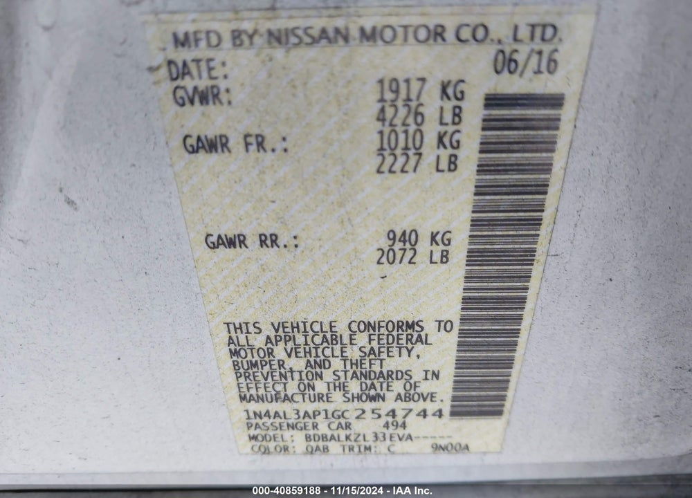2016 NISSAN ALTIMA 2.5 SV VIN: 1N4AL3AP1GC254744