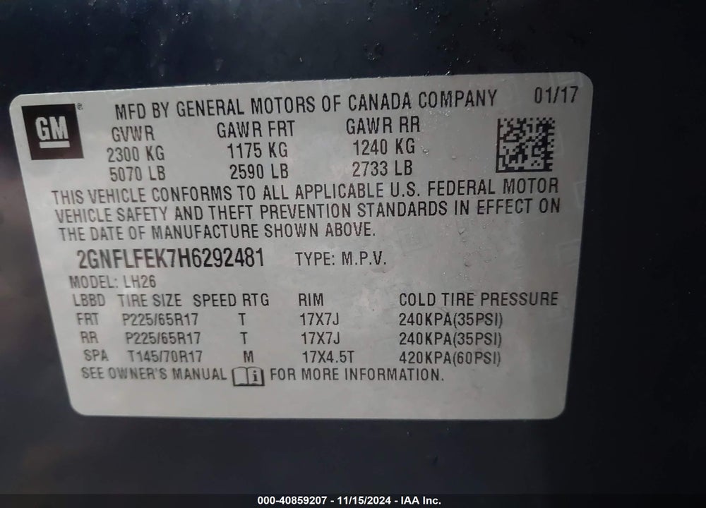 2017 CHEVROLET EQUINOX LT VIN: 2GNFLFEK7H6292481