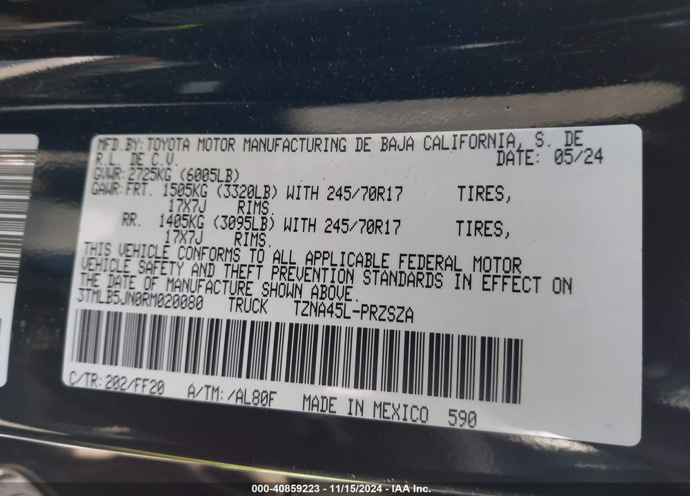 2024 TOYOTA TACOMA SR5 VIN: 3TMLB5JN0RM020080